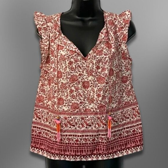 C&C California Ruffled Cap Sleeve Top V-neck with Tassel Details Red White S NWT - Picture 1 of 5